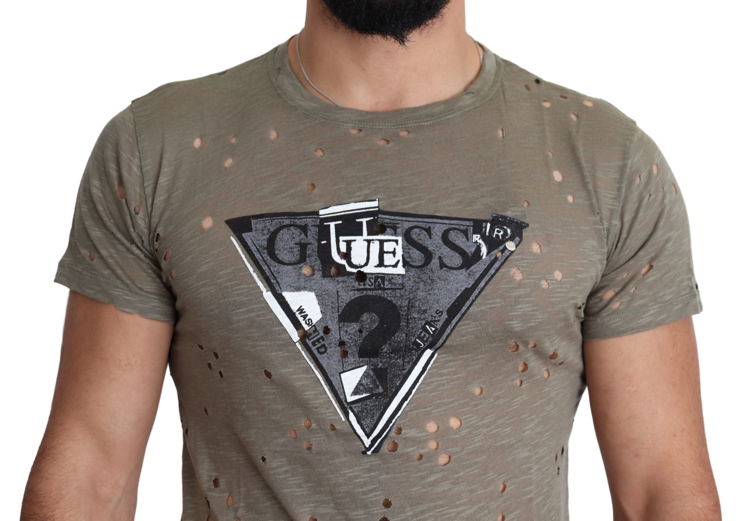 T-shirt casual pour hommes Guess en coton stretch marron avec logo imprimé et détails perforés.