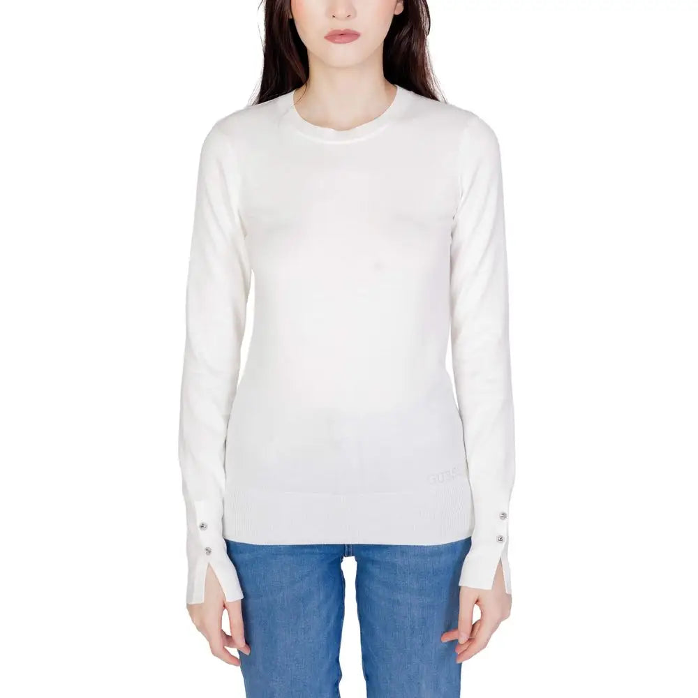 Sweatshirt guess blanc en coton avec manches longues tricotées et bouton subtil aux poignets