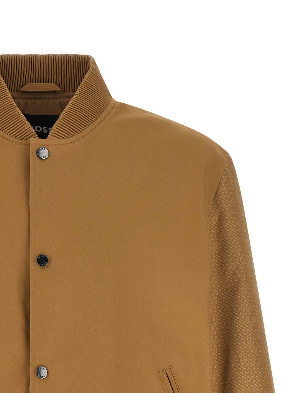 Veste bomber beige en polyester de Hugo Boss, vue de face, avec col et fermeture éclair visible.