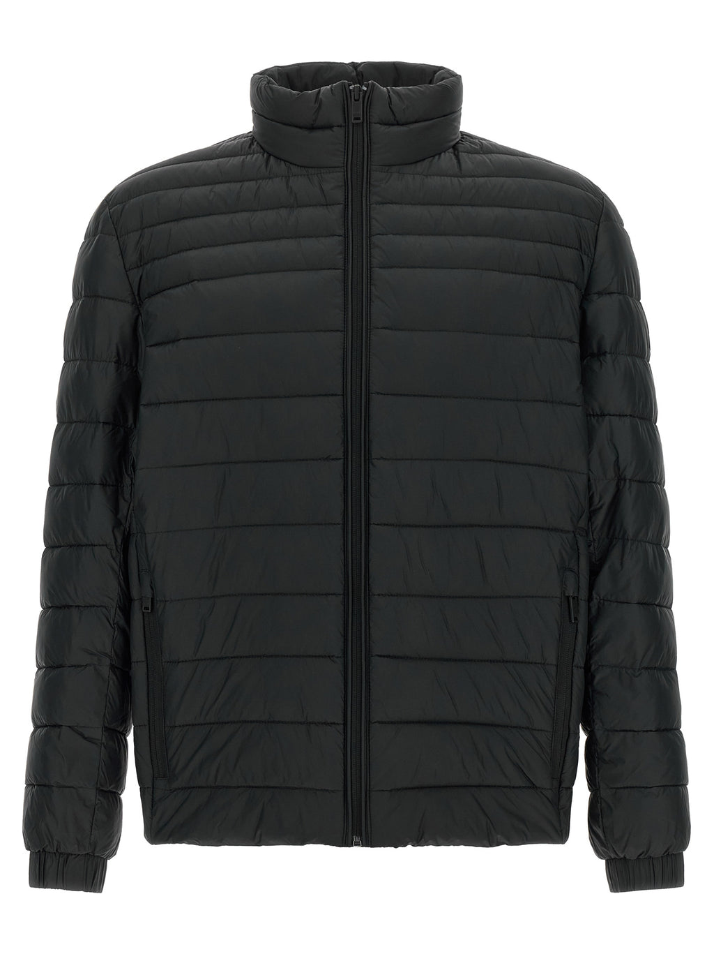 Veste longue en polyamide recyclé noire de Hugo Boss, style élégant et écologique, visible sur cette image.