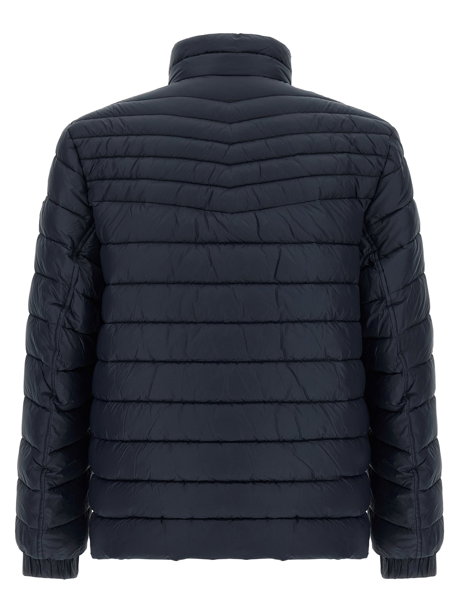 Veste longue en polyamide bleue de Hugo Boss, style élégant et moderne, vue de face sur fond neutre.