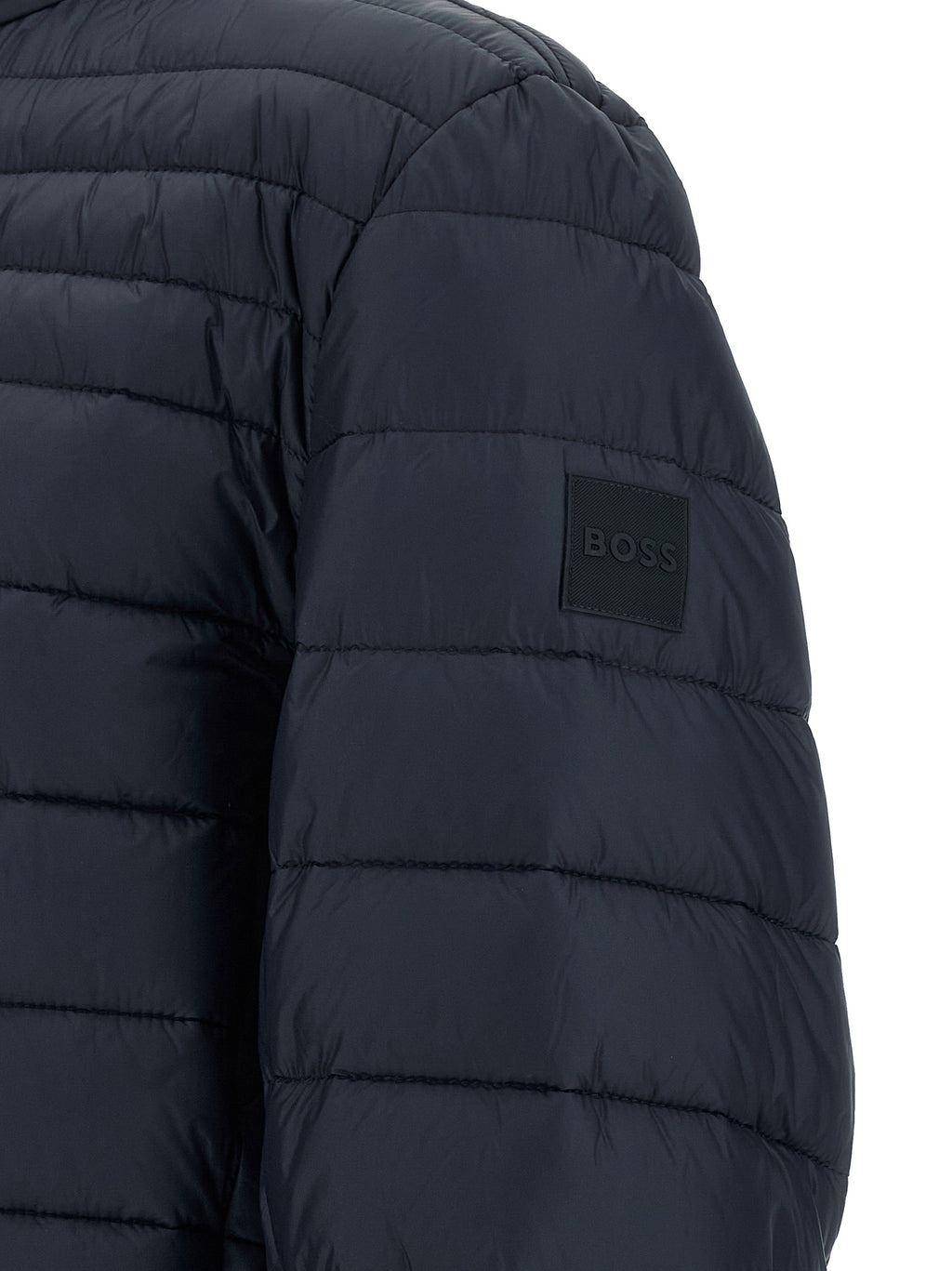 Veste longue en polyamide bleue de Hugo Boss, coupe élégante, avec fermeture éclair et col montant, vue de face.