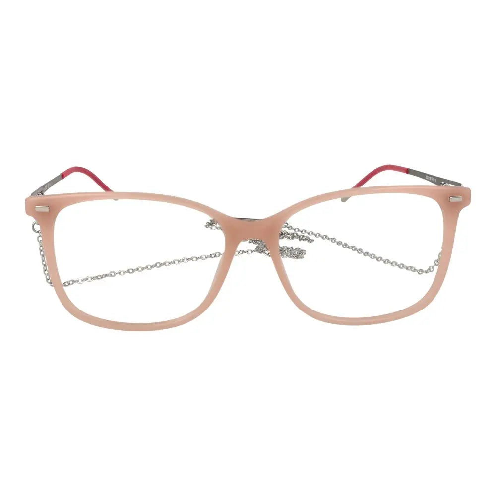 Lunettes hugo boss beige en acétate avec monture rectangulaire rose pastel et chaînes argentées aux branches rouges