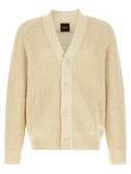 Cardigan beige en coton hugo boss avec col en v texturé et fermeture à boutons affichant l’étiquette boss au col