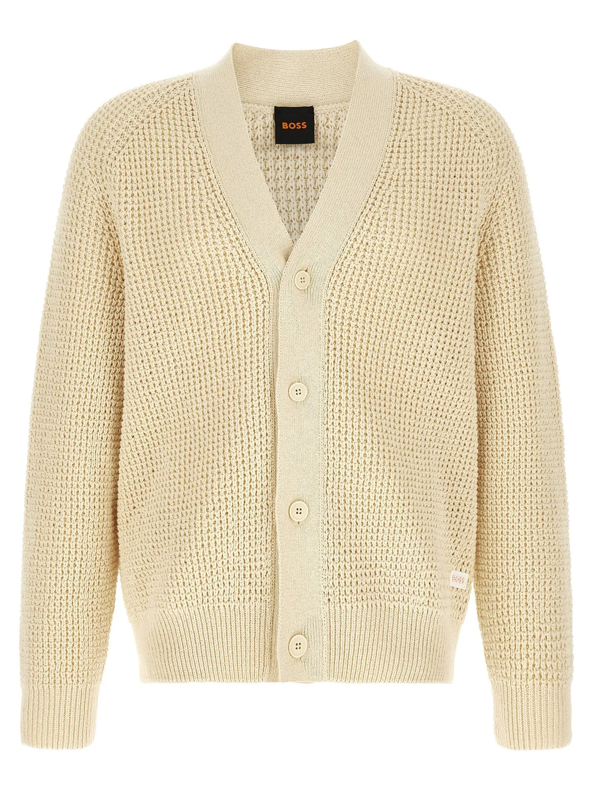 Cardigan beige en coton hugo boss avec col en v texturé et fermeture à boutons affichant l’étiquette boss au col