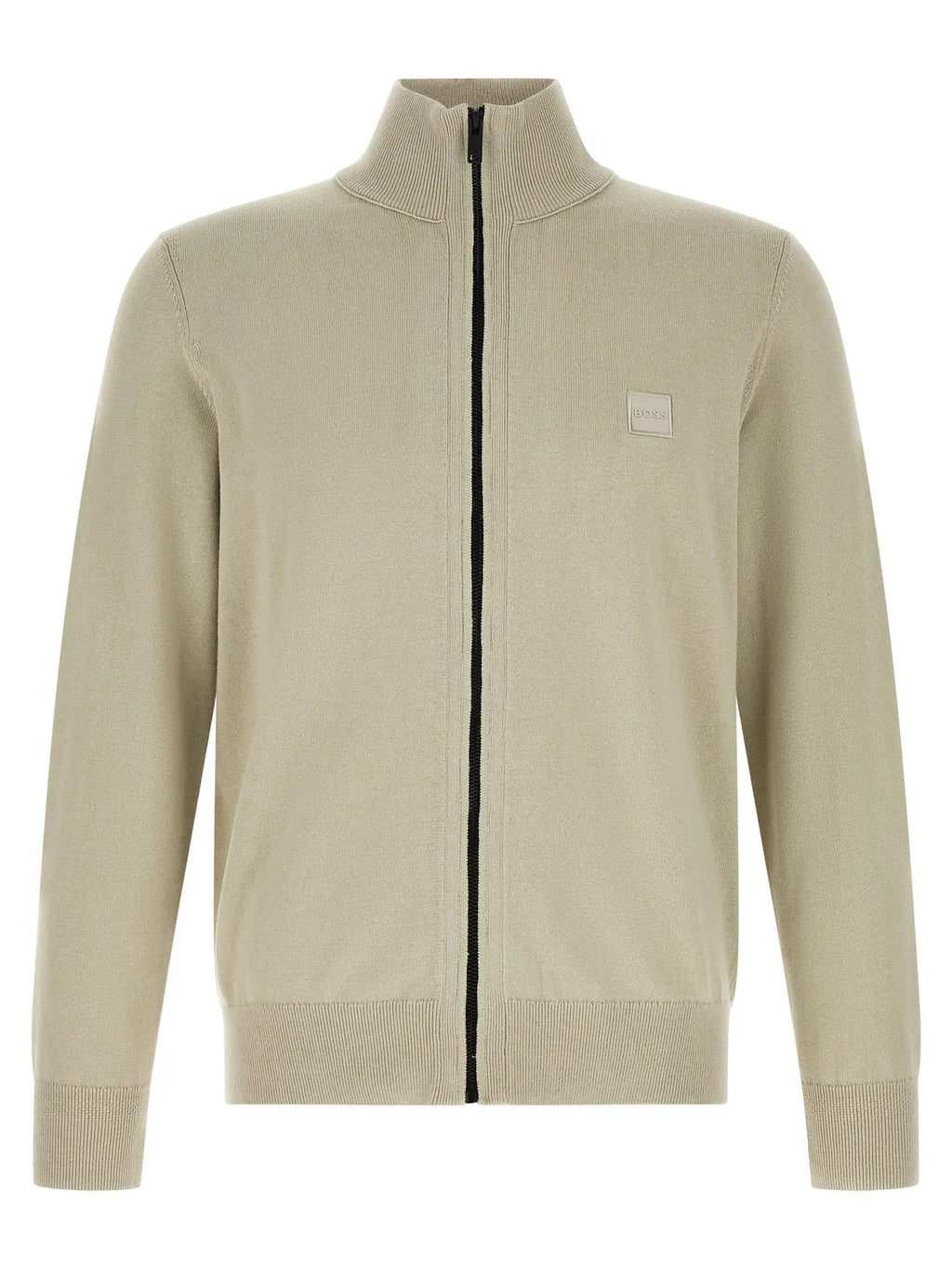 Cardigan en coton beige hugo boss avec fermeture éclair noire et patch discret sur la poitrine