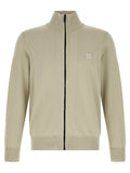 Cardigan en coton beige hugo boss avec fermeture éclair noire et patch discret sur la poitrine