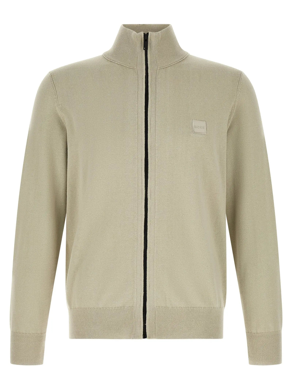 Cardigan en coton beige hugo boss avec fermeture éclair noire et patch discret sur la poitrine