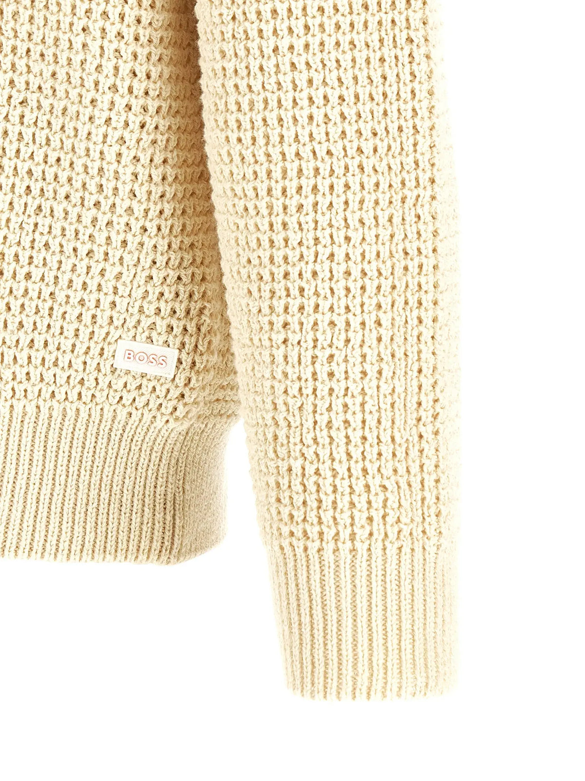 Cardigan hugo boss beige en coton avec maille gaufrée et poignets côtelés subtil label boss