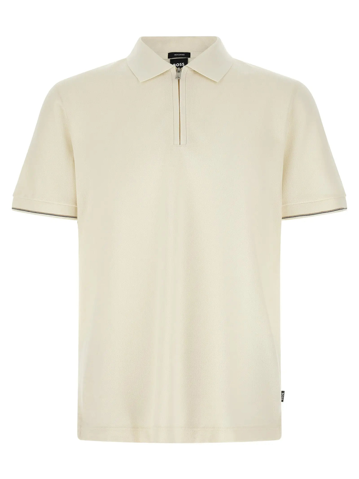 Polo beige hugo boss en coton avec manches courtes, fermeture éclair subtile au col et bordure fine aux manches