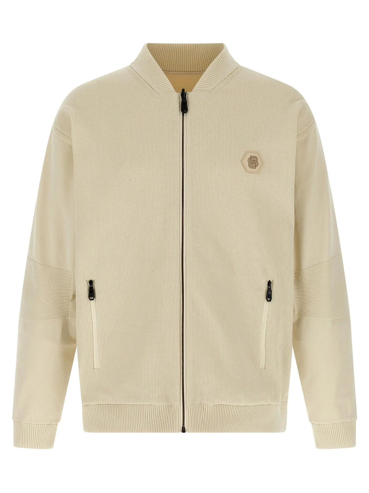 Veste bomber beige en velours côtelé hugo boss en polyamide avec poignets et taille côtelés zipper noir et logo hexagonal