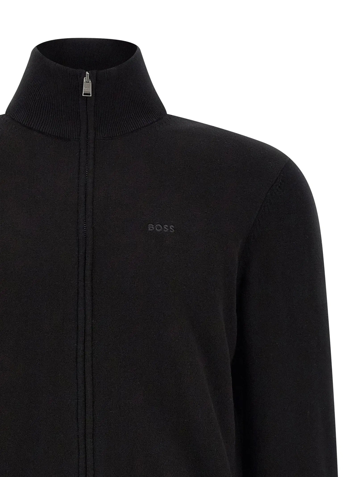 Cardigan en coton noir hugo boss avec fermeture éclair, col côtelé et logo subtil sur la poitrine