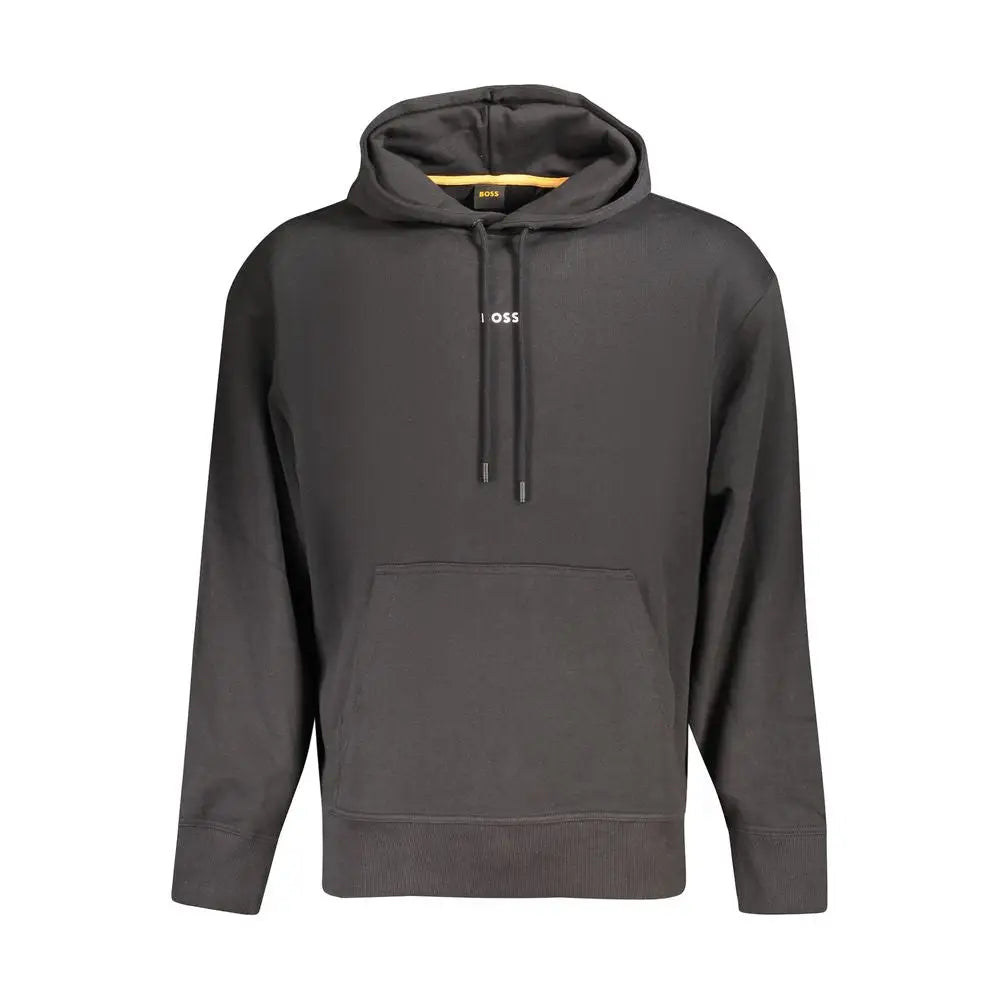 Hugo Boss black cotton men’s hoodie with dark gray fabric, subtle white boss logo, and yellow hood lining