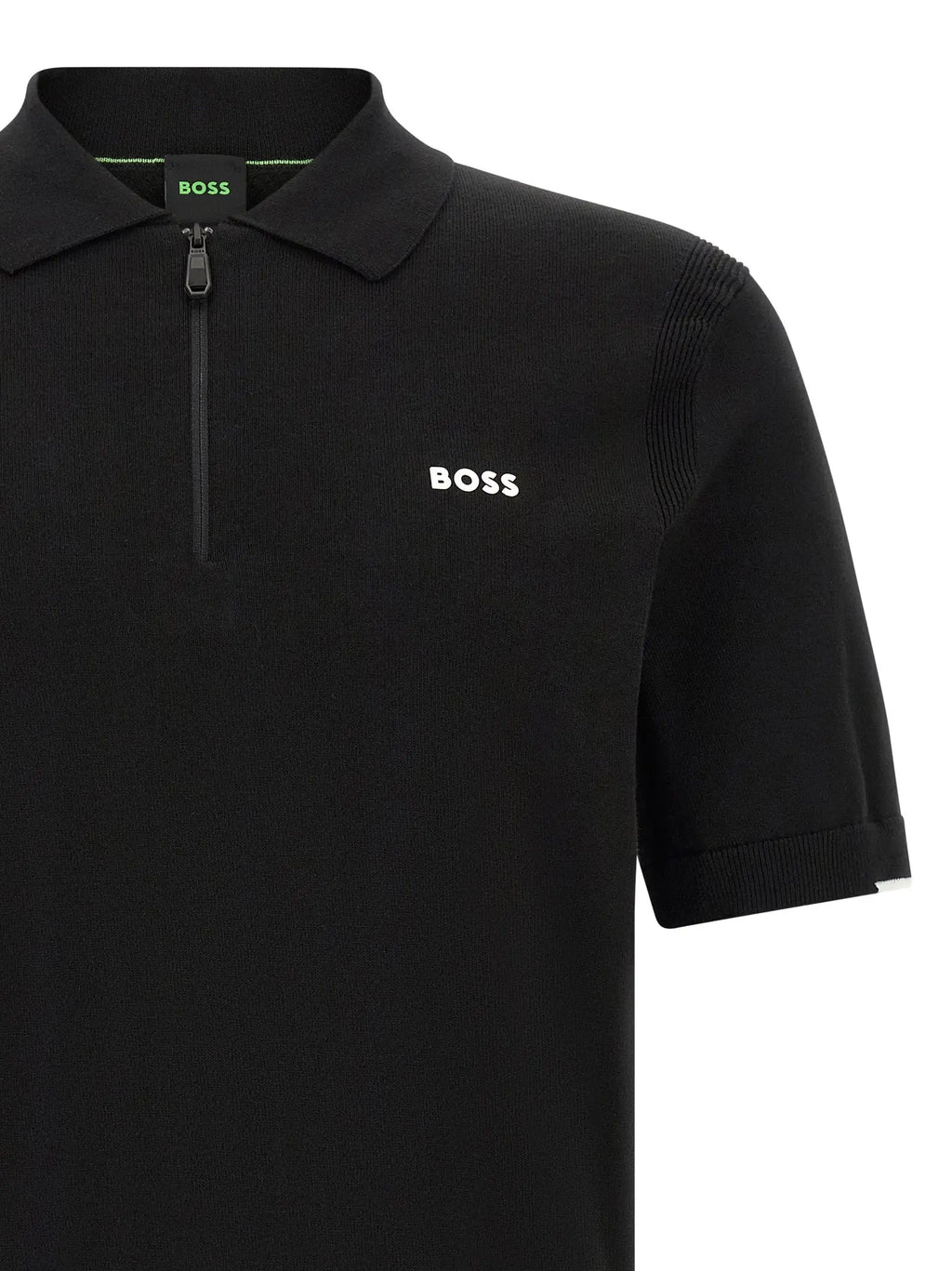 Polo hugo boss noir en coton avec col à demi-fermeture éclair, logo blanc brodé et tissu tricoté texturé