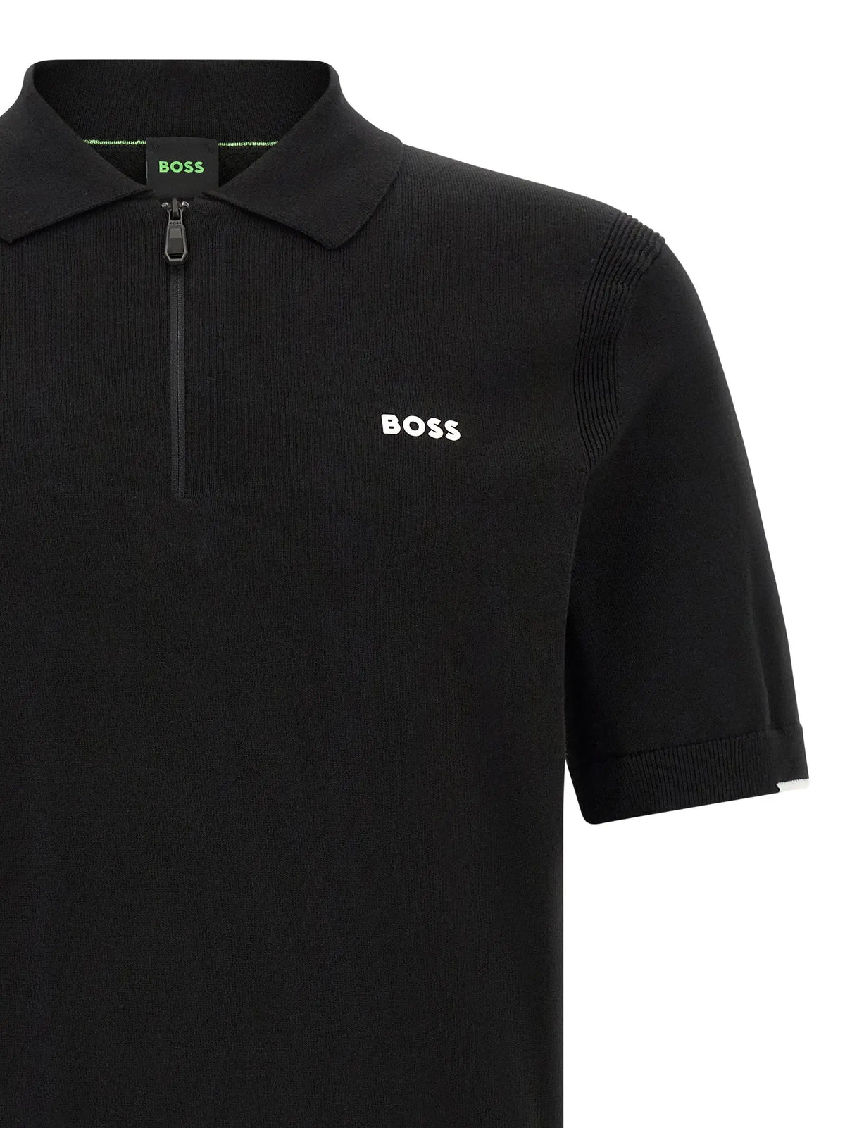 Polo hugo boss noir en coton avec col à demi-fermeture éclair, logo blanc brodé et tissu tricoté texturé