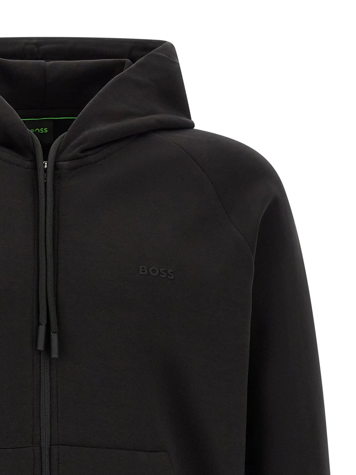 Hugo Boss sweat à capuche noir en coton avec fermeture éclair et logo brodé subtil avec cordons assortis