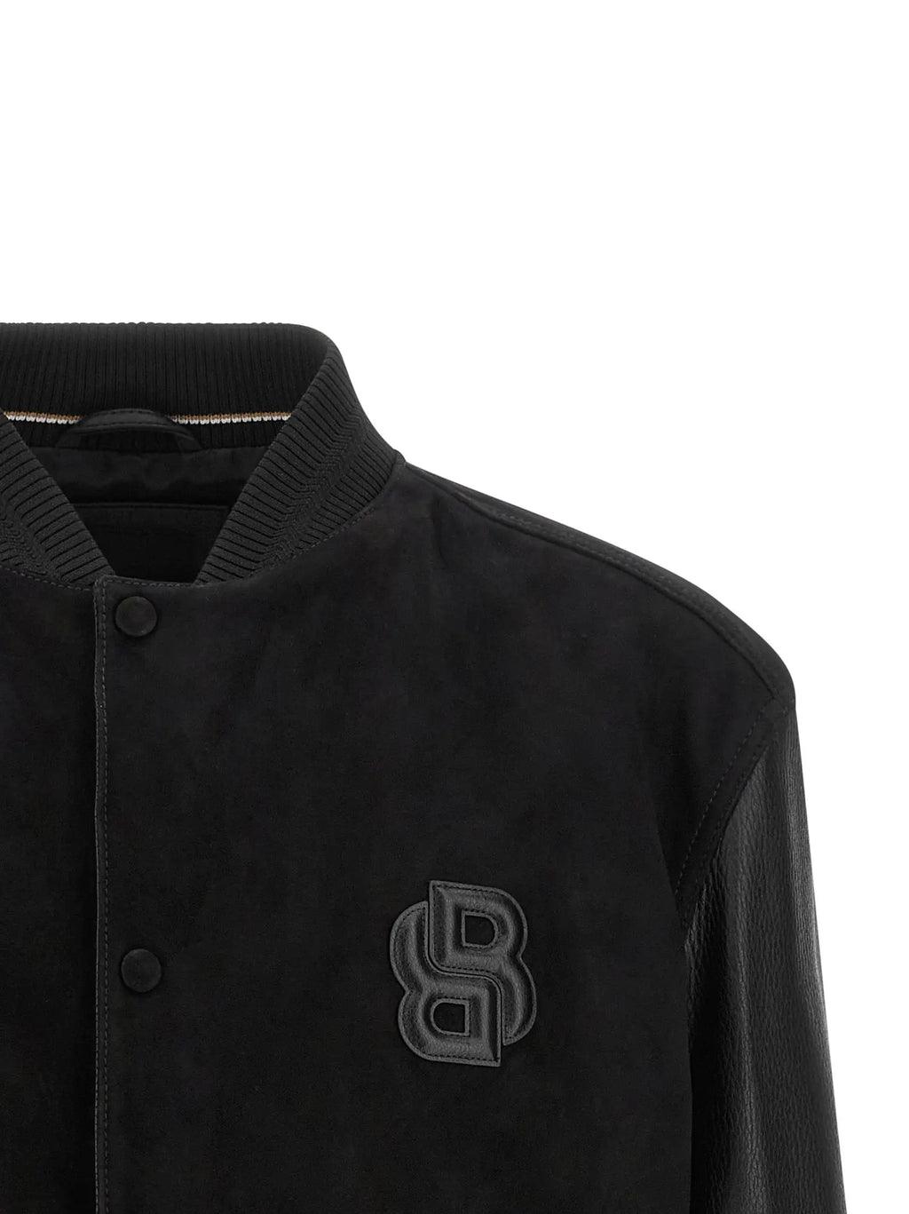 Veste bomber noire hugo boss en polyester avec details en daim et cuir et logo b brodé subtil sur la poitrine