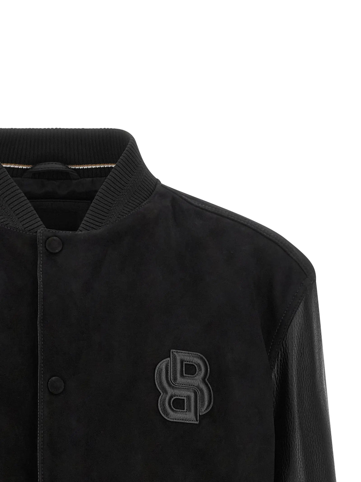 Veste bomber noire hugo boss en polyester avec details en daim et cuir et logo b brodé subtil sur la poitrine