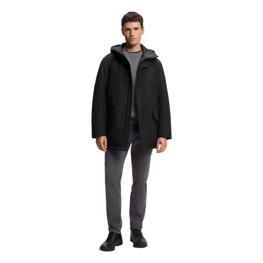 Veste intégrale noire hugo boss en polyester avec parka à capuche au design moderne et fermeture frontale à boutons subtils