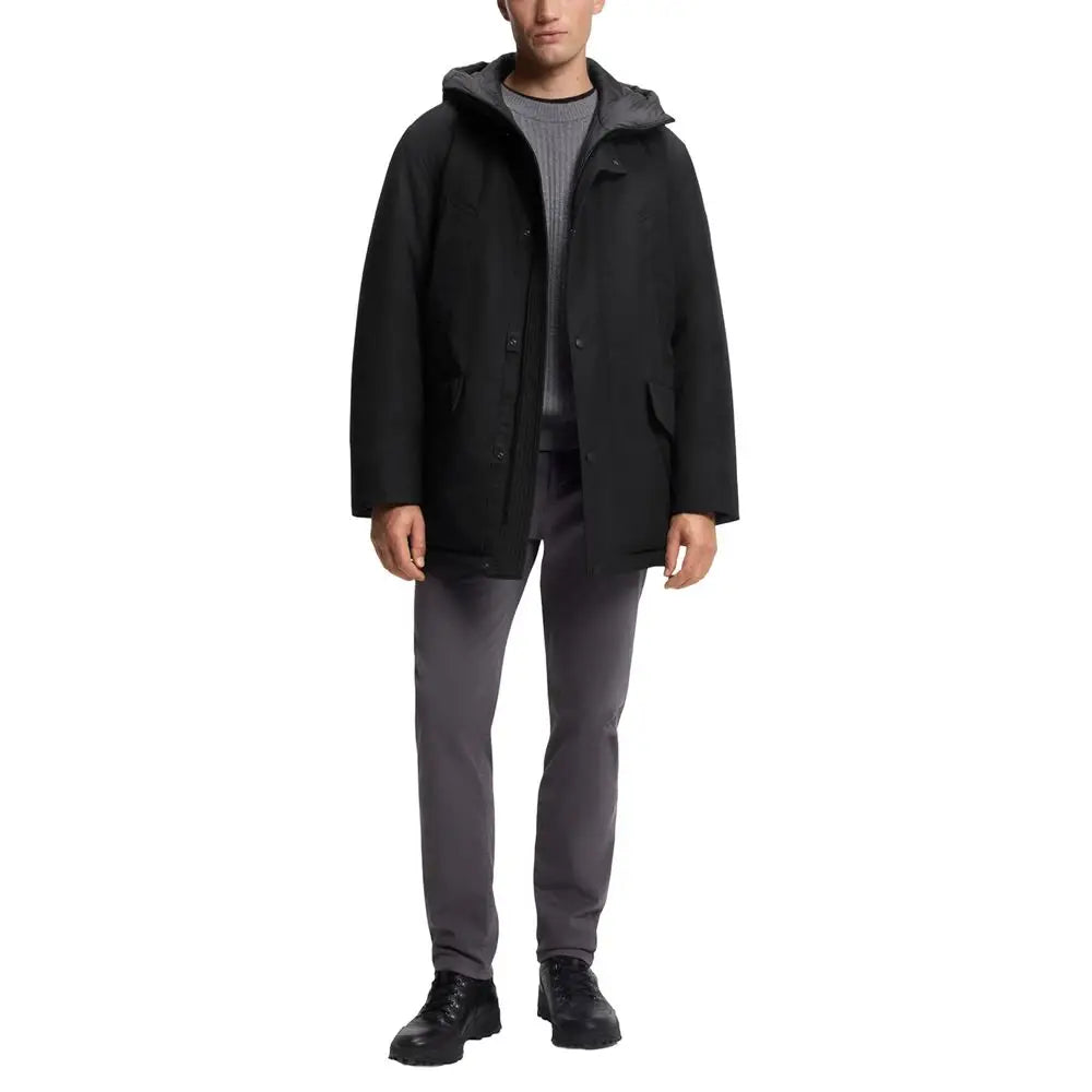 Parka noire à capuche hugo boss en polyester avec design moderne et doublure intérieure grise subtile