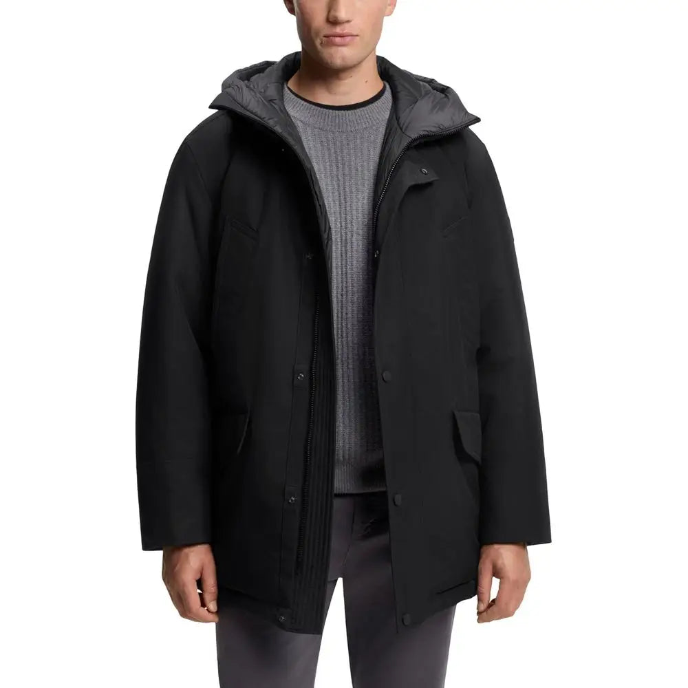 Parka noire à capuche hugo boss en polyester avec doublure matelassée et fermeture à boutons sur le devant
