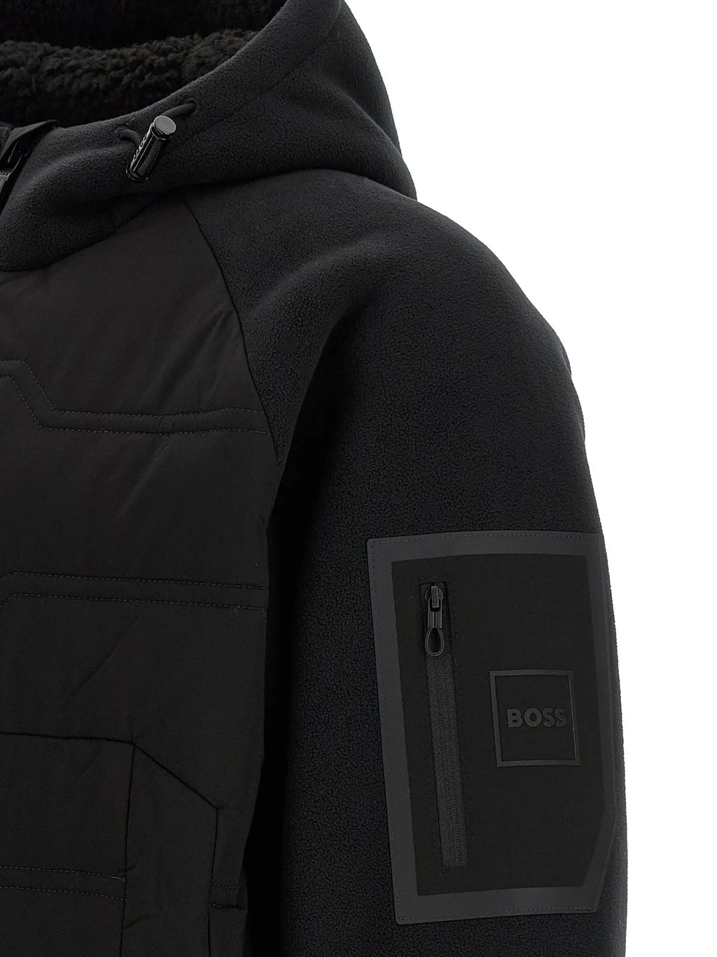 Veste hugo boss noire matelassée en polyester avec capuche et col en sherpa doublé avec écusson sur la manche