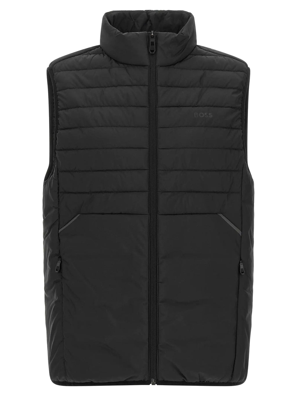 Hugo boss veste sans manches noire en polyester matelassé avec col montant et coutures grises sur les poches