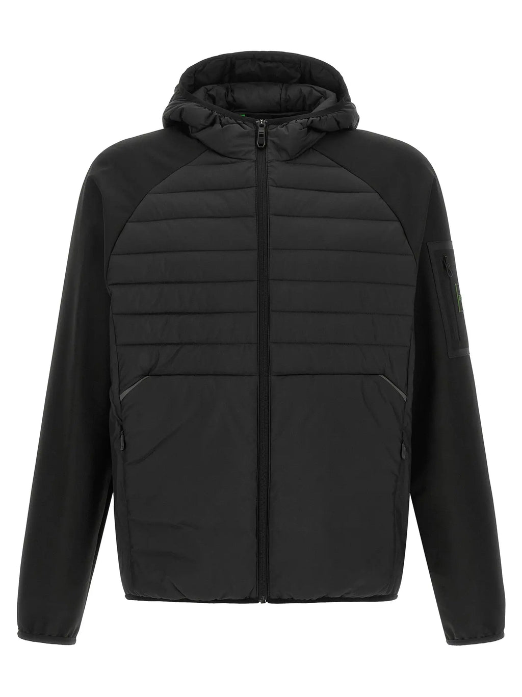 Veste à capuche noire matelassée hugo boss en caoutchouc avec design moderne et coutures discrètes