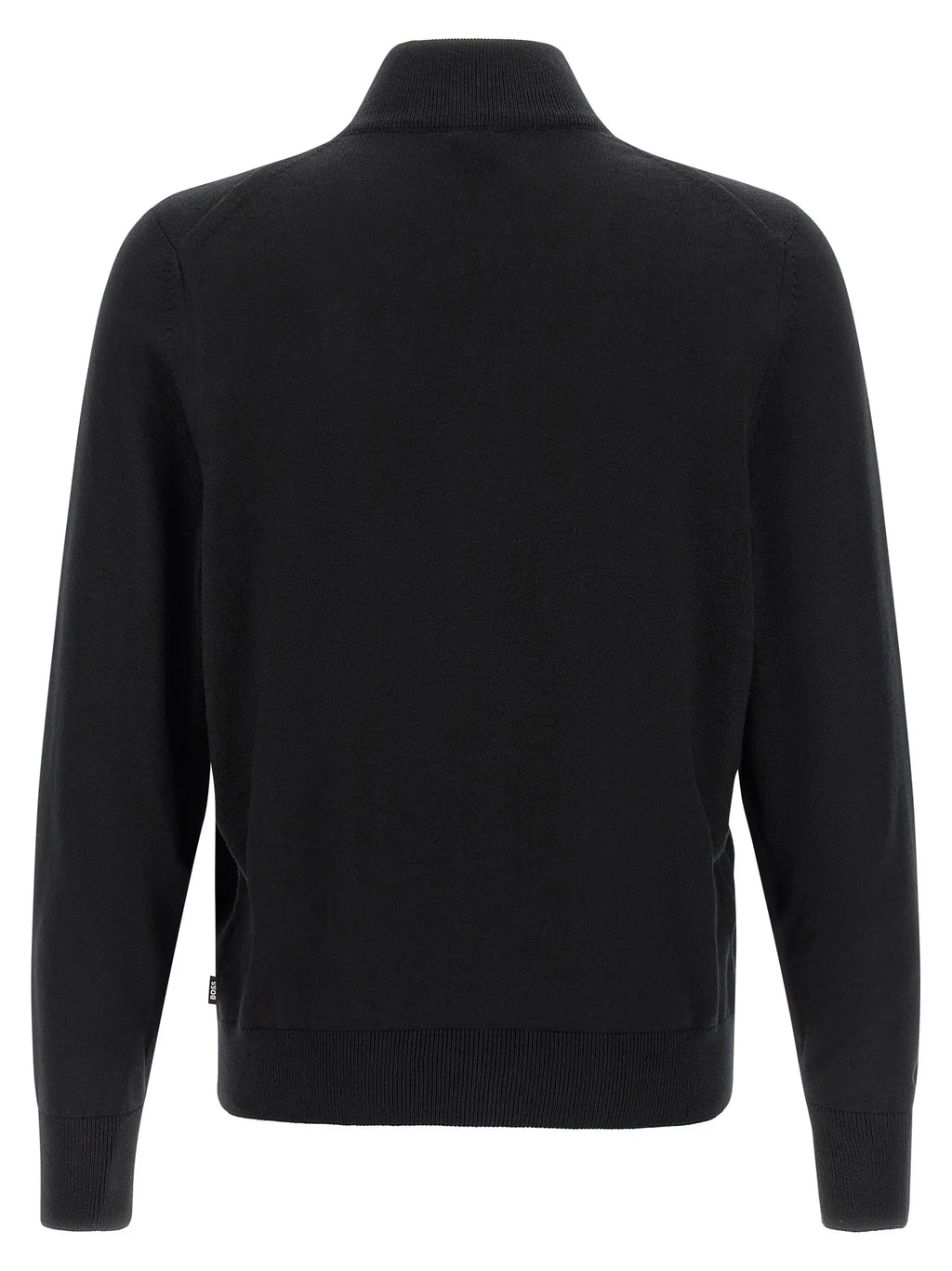 Cardigan hugo boss noir en laine vierge avec col roulé côtelé noir et étiquette discrète sur le côté inférieur gauche