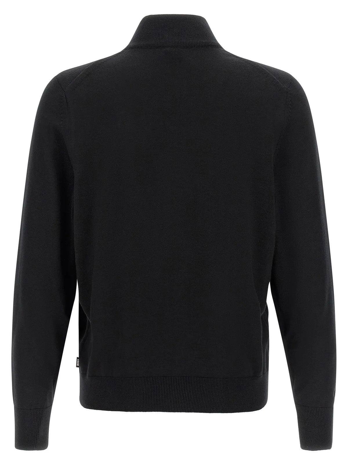 Cardigan hugo boss noir en laine vierge avec col roulé côtelé noir et étiquette discrète sur le côté inférieur gauche