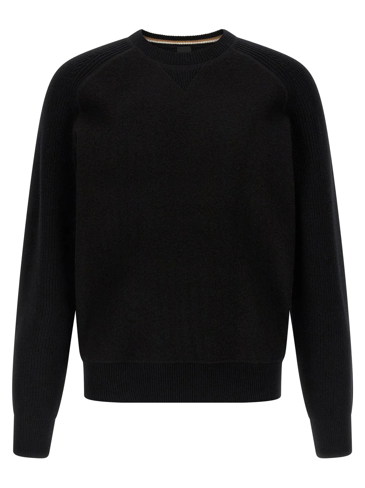Cardigan hugo boss noir en laine vierge avec manches raglan texturées et col intérieur beige subtil