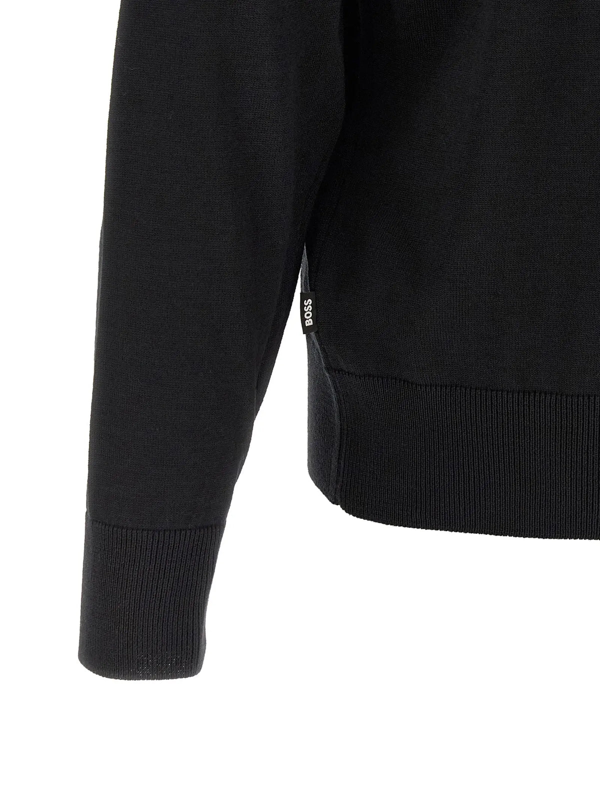 Cardigan hugo boss noir en laine vierge avec maille côtelée texturée et petit logo boss sur la manche