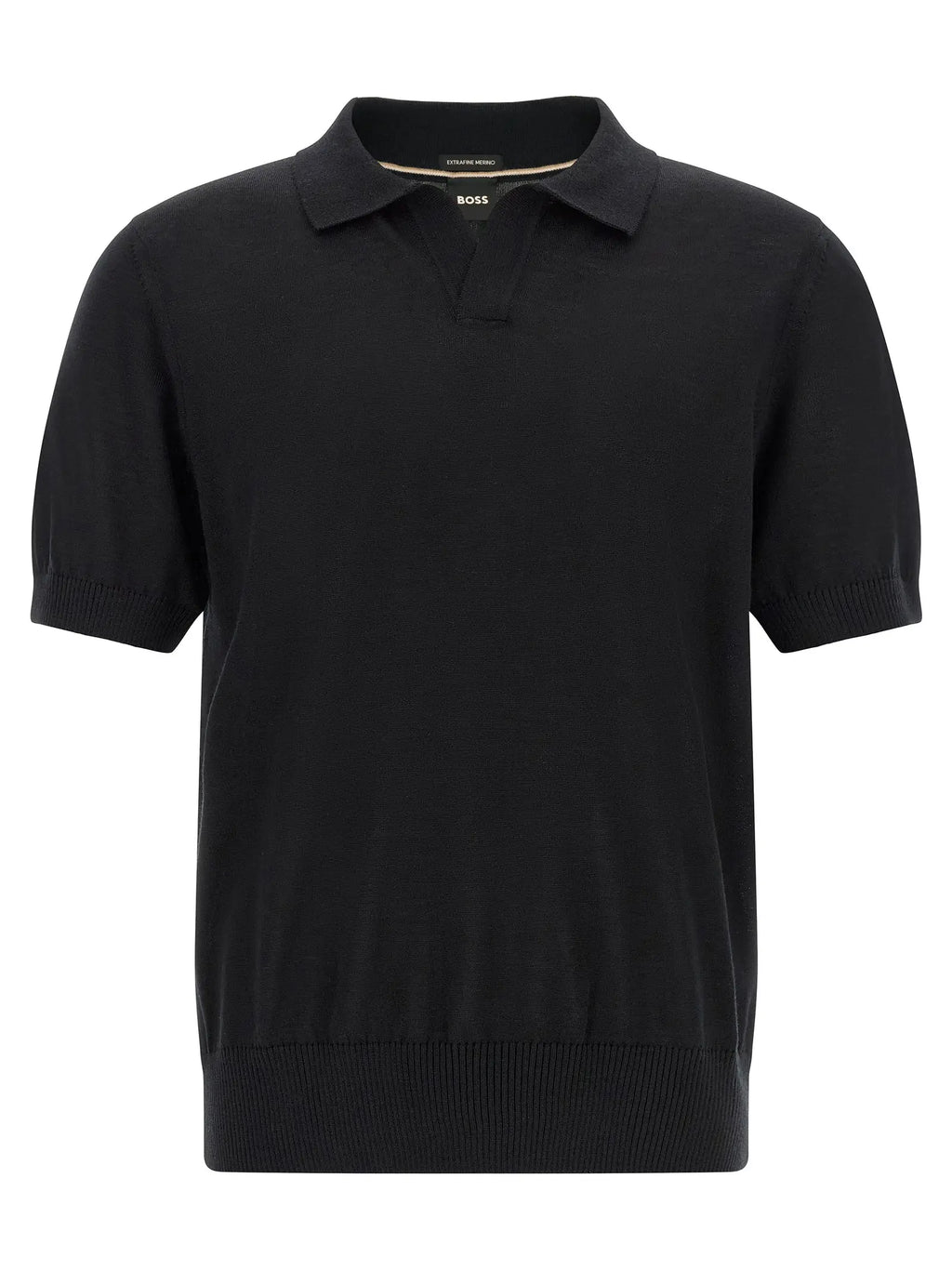 Polo noir hugo boss en laine vierge avec manches courtes, col classique et poignets côtelés