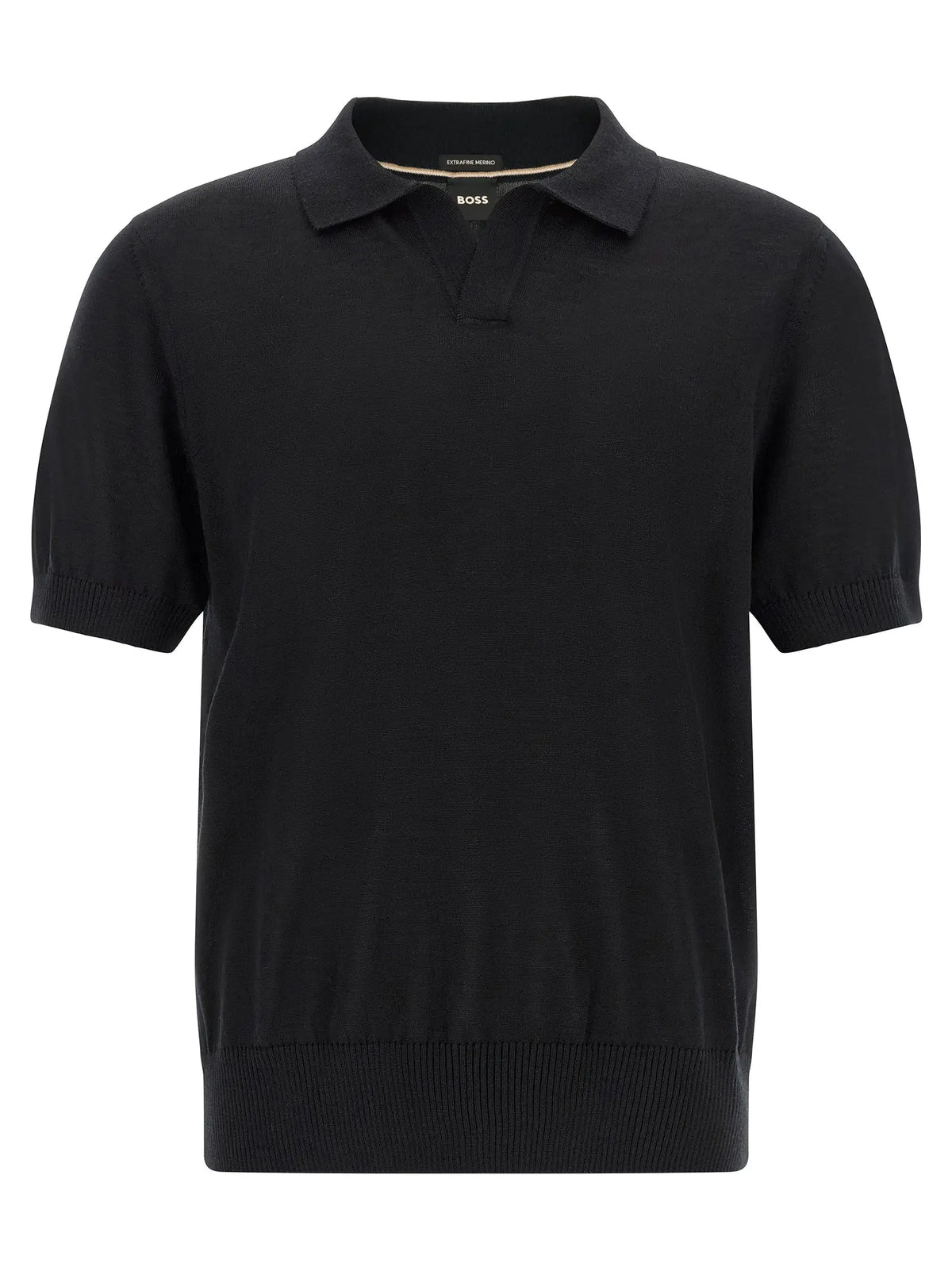 Polo noir hugo boss en laine vierge avec manches courtes, col classique et poignets côtelés