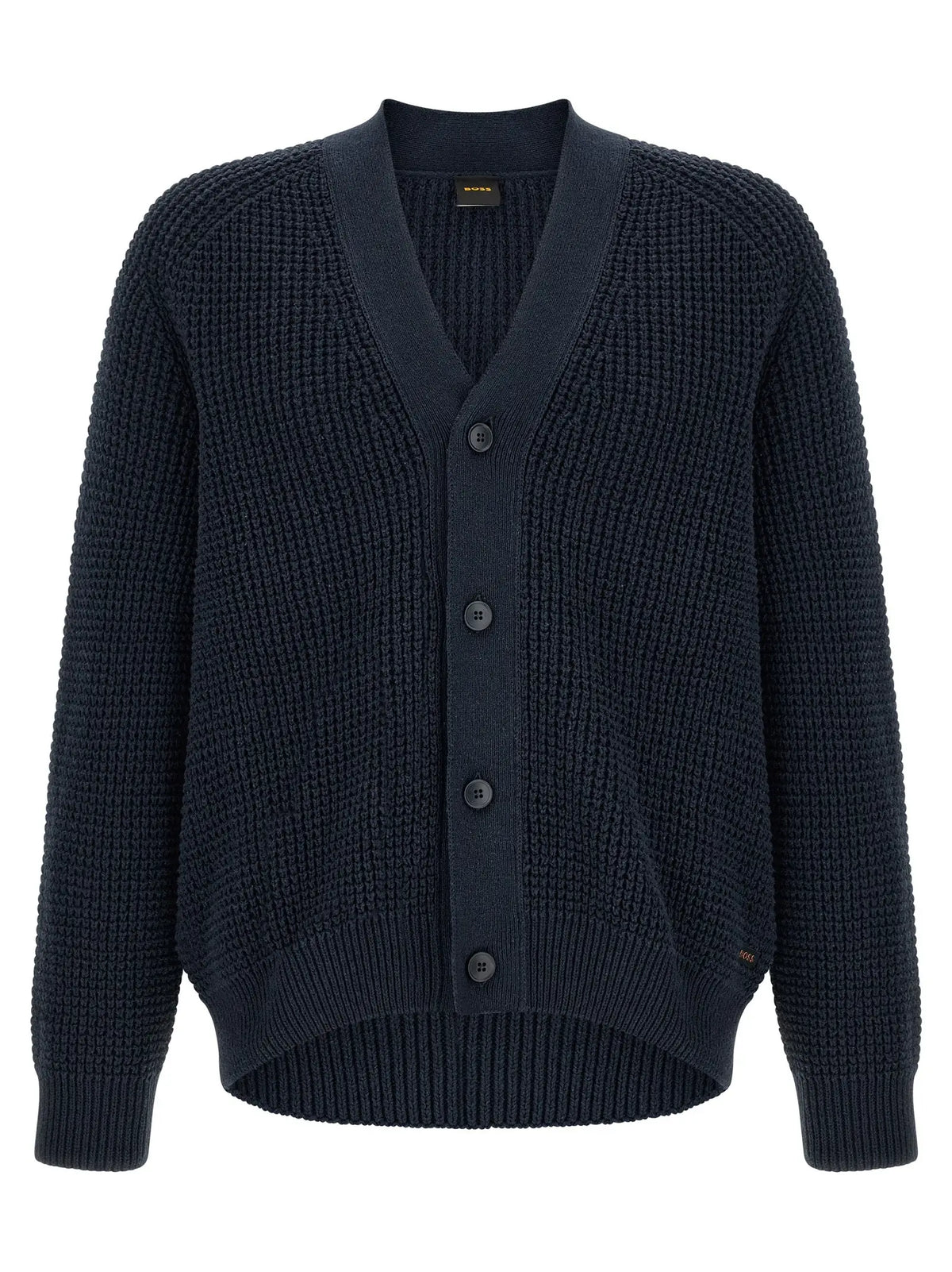 Cardigan en coton bleu marine texturé hugo boss avec col en v et fermeture par boutons