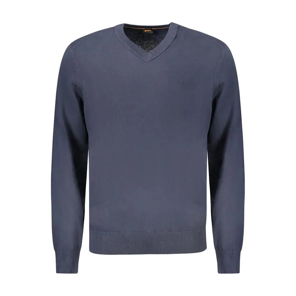Pull col v bleu marine pour homme hugo boss en coton avec poignets et ourlet côtelés et logo discret poitrine gauche
