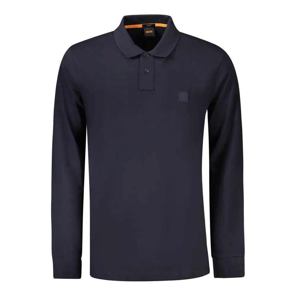 Polo homme bleu marine hugo boss en coton avec manches longues tissu texturé et patch de marque au niveau de la poitrine