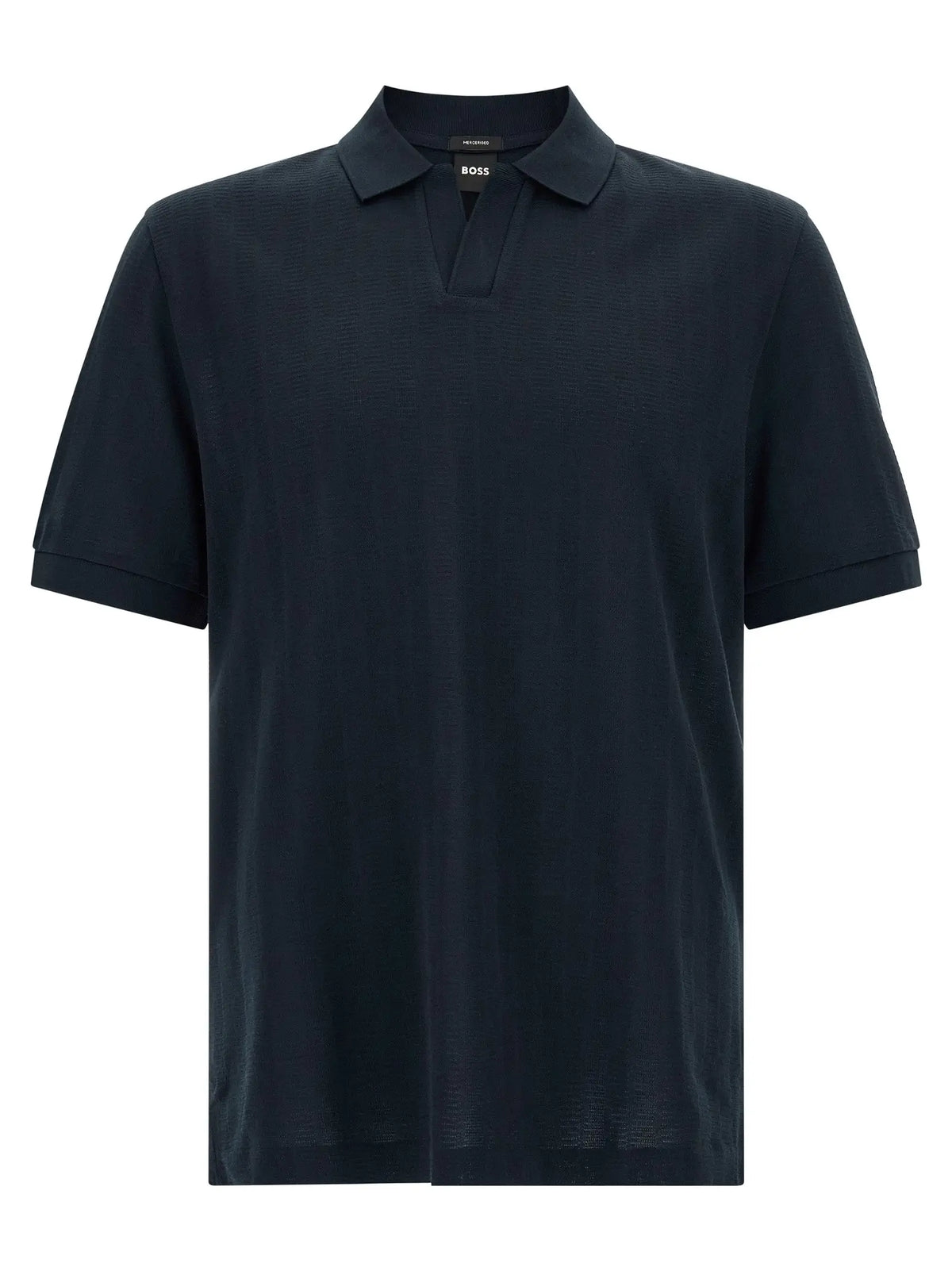 Polo bleu marine boss en coton avec tissage texturé subtil et col classique affichant l’étiquette boss au col