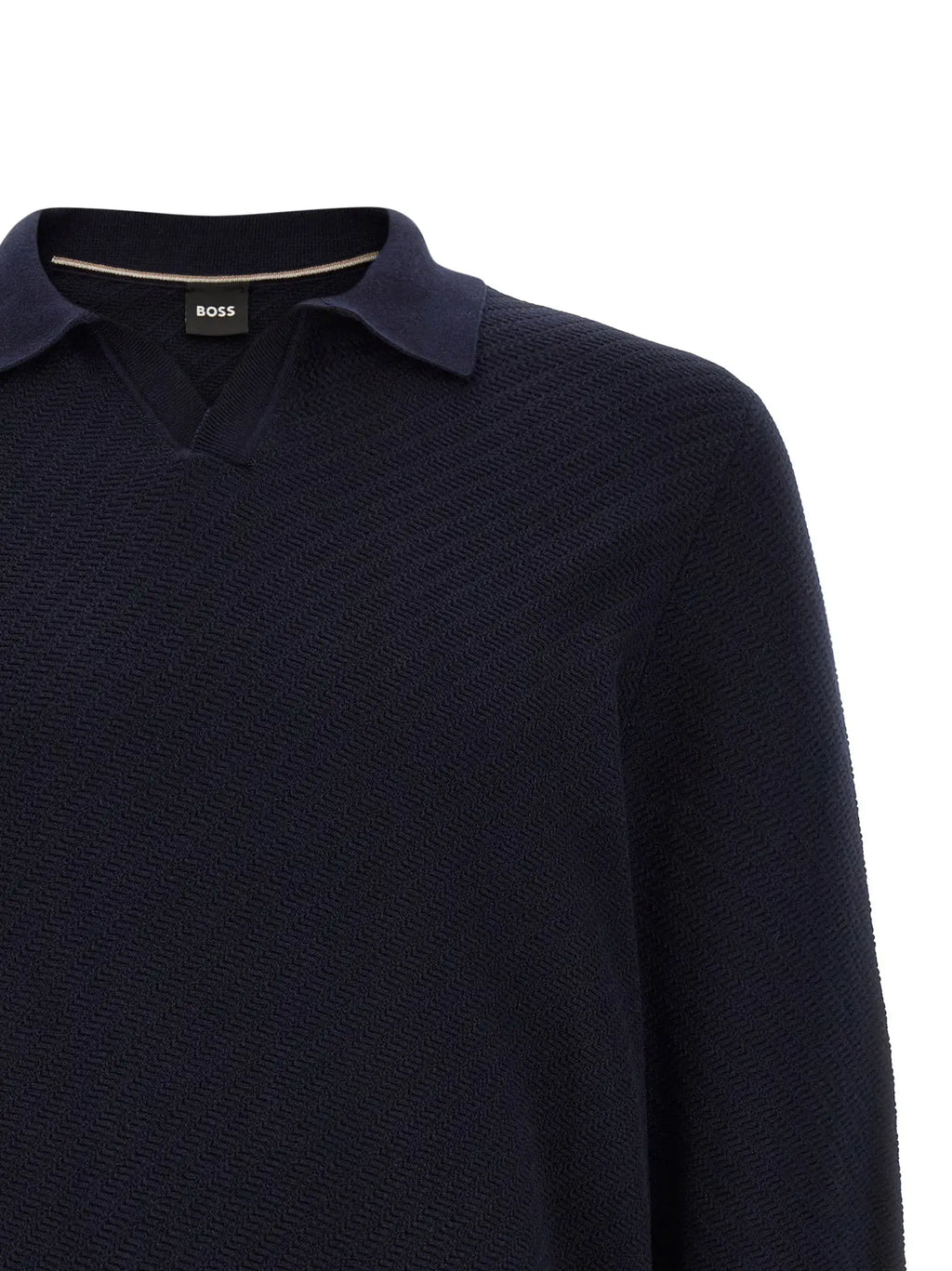 Polo en coton bleu foncé texturé avec col contrastant et étiquette boss de la marque hugo boss