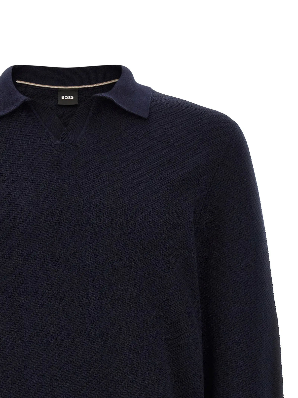 Polo en coton bleu foncé texturé avec col contrastant et étiquette boss de la marque hugo boss