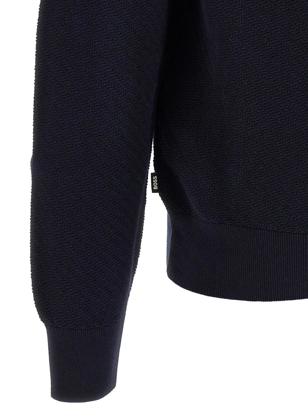 Pull en tricot bleu marine foncé avec texture chevrons subtile et poignets côtelés dans la gamme Hugo Boss