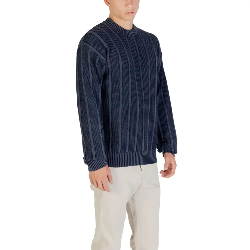 Sweatshirt hugo boss bleu marine en coton avec col rond et rayures verticales texturées en tricot côtelé
