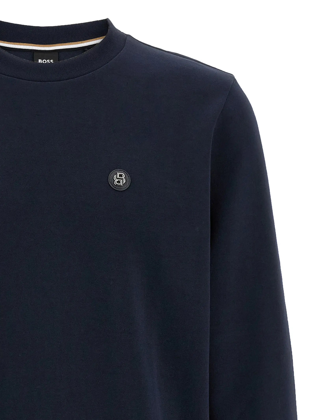 Hugo Boss sweat-shirt bleu marine en coton avec finition texturée et petit logo brodé circulaire sur la poitrine