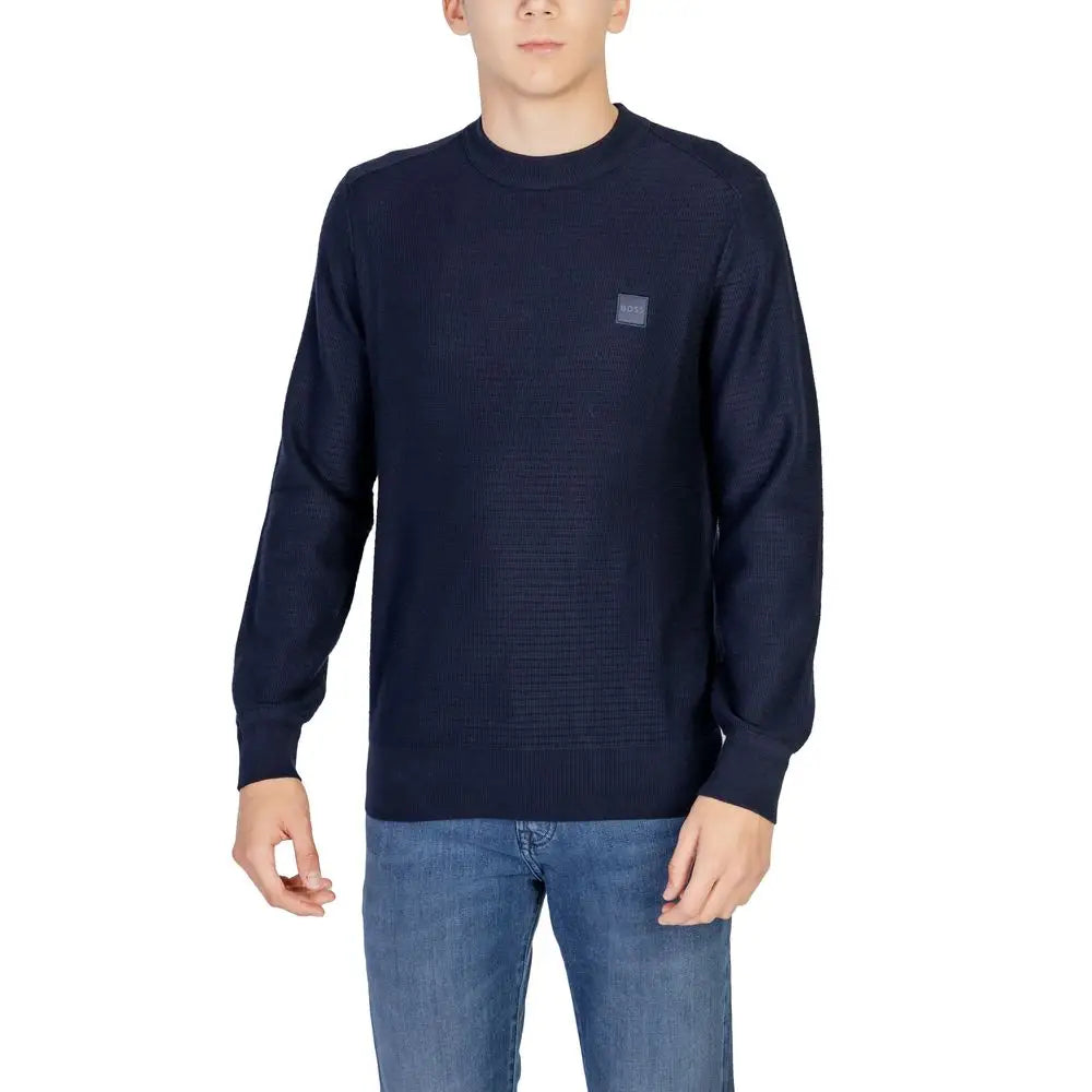 Pull col rond bleu marine hugo boss en coton avec maille texturée subtile et patch de marque sur la poitrine