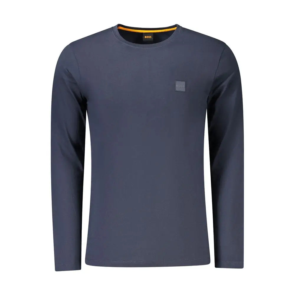 T-shirt hugo boss bleu en coton à manches longues avec patch texturé subtil et étiquette orange à col rond