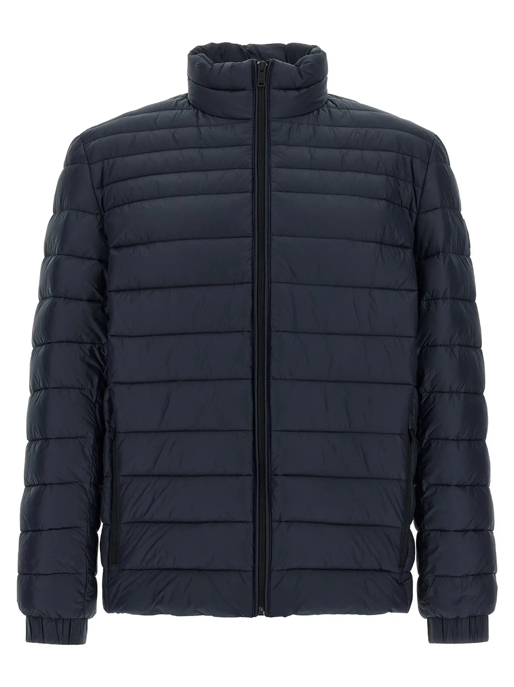 Veste matelassée bleu marine hugo boss en polyamide avec col montant et fermeture éclair noire pleine longueur