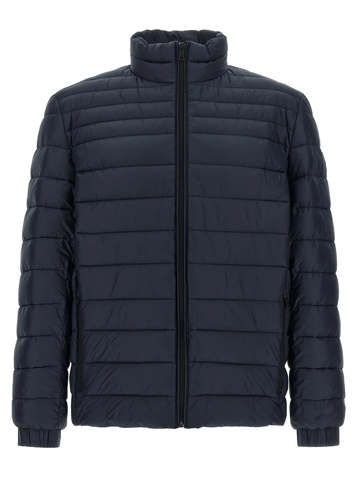 Veste matelassée bleu marine hugo boss en polyamide avec col montant et fermeture éclair noire pleine longueur