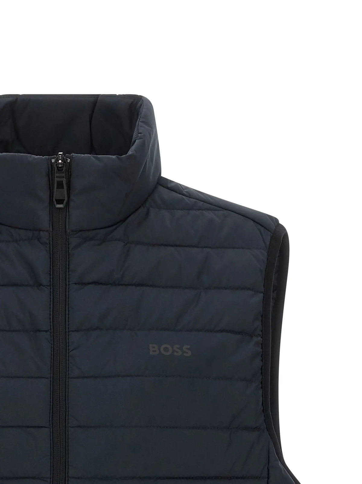 Gilet sans manches bleu marine matelassé en polyester avec col montant et logo boss brodé sur la poitrine