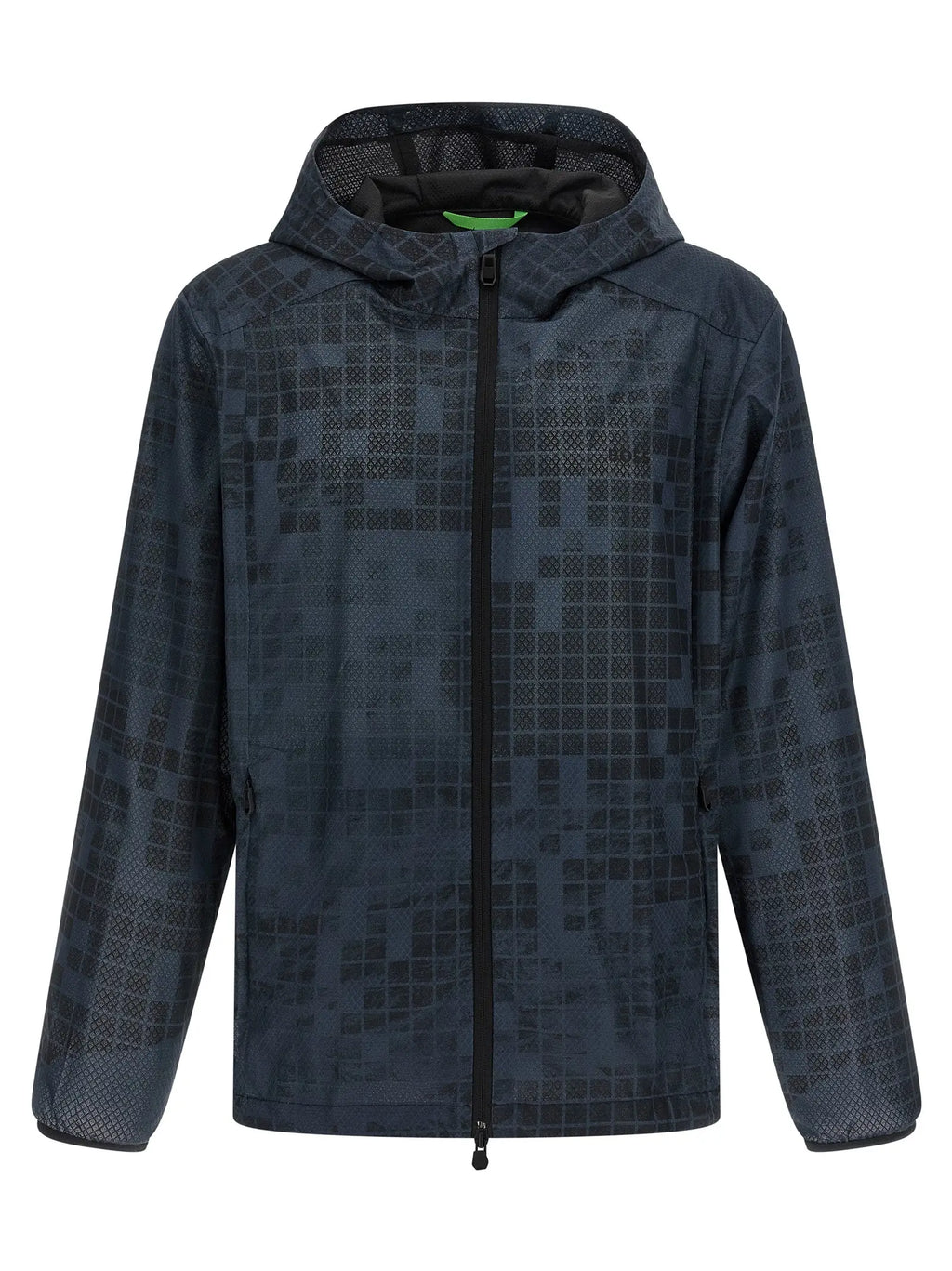 Veste à capuche bleu foncé hugo boss en caoutchouc avec motif pixellisé subtil et fermeture éclair noire