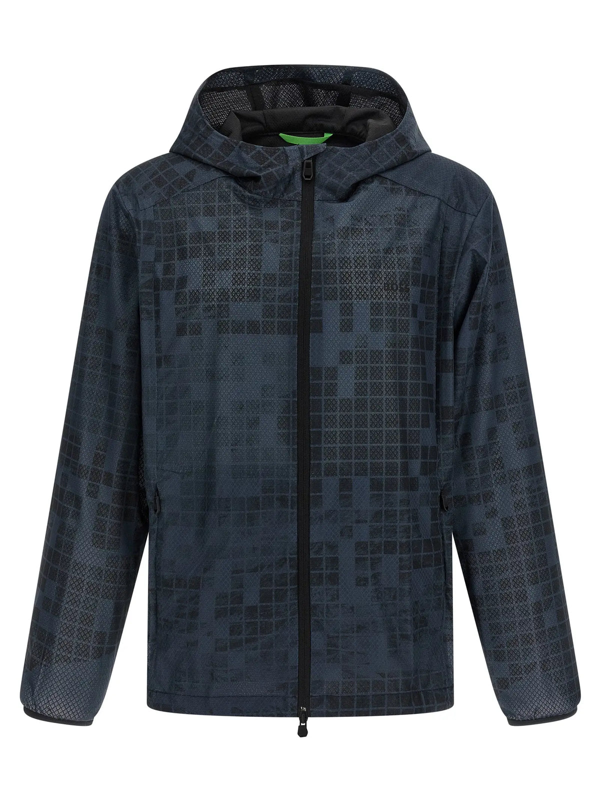 Veste à capuche bleu foncé hugo boss en caoutchouc avec motif pixellisé subtil et fermeture éclair noire